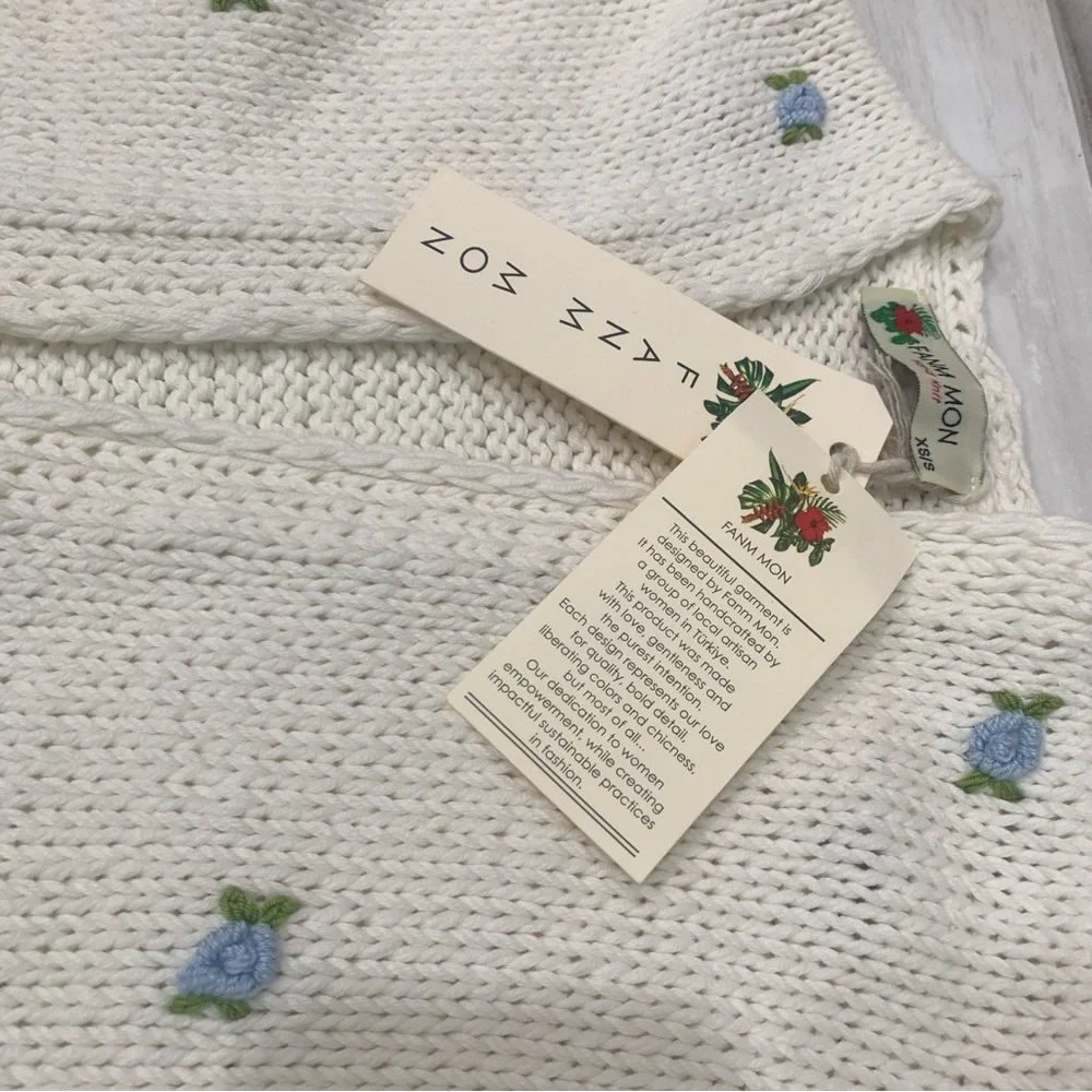 Fanm Mon Hand Knit embroidered blue rose cardigan cotton handcrafted XS/S NEW - Picture 13 of 15